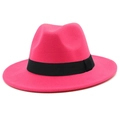 Modern hot pink wool felt fedora hat for men and women featuring a black decorative band - One Size / Rose Red