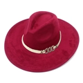 Detail of burgundy suede fedora featuring a woven rope band and rhinestone chain buckle - Burgundy