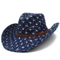 Navy blue distressed cowboy hat with silver sequins and brown braided leather strap - Dark Blue