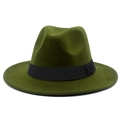 Detail of dark green felt fedora hat featuring a stylish black fabric decorative band - One Size / Army Green