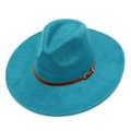 Blue wide brim fedora hat with brown leather belt buckle in minimalist vintage style - One Size / Dark Blue