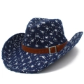 Distressed dark blue denim cowboy hat with silver sequins and brown leather band detail - Dark Blue