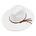 Detail of white wide brim fedora featuring a brown braided leather band with fringe tassels - One Size / White