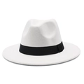 Classic white felt fedora hat with a wide black decorative ribbon for men and women - One Size / White