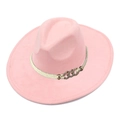 Close-up of pink faux suede fedora with wide brim and white woven band with metal buckle - Light Pink