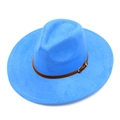 Detailed top view of a sky blue wide brim fedora with a brown leather buckle strap - One Size / Blue