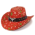 Red western cowboy hat with colorful snowflake patterns and bull head metal badge - Red Snowflake Christmas Style / Red