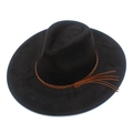 Detail of wide-brimmed suede fedora featuring a brown woven band with leather tassels - One Size / Black