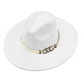 Detailed side view of a white wide-brim fedora with woven rope and gold chain buckle - White
