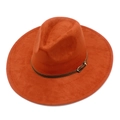 Detail of suede fedora with wide brim, dark brown leather band and gold buckle - One Size / Caramel color