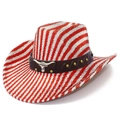 Western cowboy hat with red and silver stripes and a silver bull head accessory - Red Silver Diagonal Stripe Woven / Red Stripe