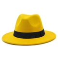 Classic yellow wool felt fedora hat with black grosgrain ribbon for men and women - One Size / Yellow