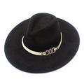 Classic black wide-brim fedora hat with cream woven rope and retro metal buckle detail - Black