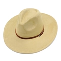 Detail of wide brim beige fedora with brown leather band and golden metal buckle - One Size / Camel