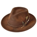 Vintage brown steampunk fedora with gears and feather decorations on white background - Dark Brown Steampunk Style