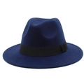 Close-up detail of dark blue wool felt fedora hat featuring a black grosgrain ribbon band - One Size / Dark Blue