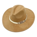 Detail of camel wide brim felt hat featuring white braided rope and bronze metal buckle - Khaki