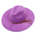 Close-up of bright purple faux suede fedora hat with brown braided leather trim and tassel - One Size / Purple
