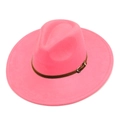 Detail of hot pink wide brim fedora featuring brown leather band with golden buckle - One Size / Deep Pink