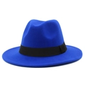 Detail of royal blue wool fedora hat featuring a classic black ribbon band and wide brim - One Size / Sapphire Blue