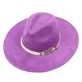 Fashionable purple wide brim suede fedora hat with woven rope and gold metal chain link detail - Purple