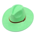 Neon green wide brim suede fedora hat with brown leather belt and metal buckle - One Size / Green