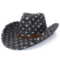 Black denim cowboy hat with sequins and woven leather band in a retro 45-degree view - Black