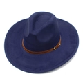 Detail of navy blue suede fedora featuring a brown leather band and gold buckle - One Size / Navy Blue