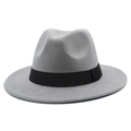 Detail of light grey wool fedora hat featuring a classic black wide decorative band ribbon - One Size / Gray