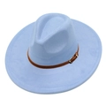 Detail of light blue faux suede fedora with brown leather strap and gold buckle - One Size / Light Blue