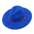 Close-up of royal blue wide-brim fedora with a brown leather decorative strap - One Size / Sapphire Blue