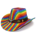 Regenboog gestreepte cowboyhoed met kunstleren band en metalen stierkop versiering - Kleurrijk