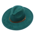 Detail of dark green wide-brim fedora with brown leather strap and gold metal buckle - One Size / Dark Green