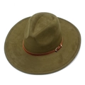 Macro detail of wide brim suede fedora hat with brown leather band and gold buckle - One Size / Army Green