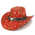 Roter Western-Cowboyhut mit silbernem Stierkopf-Ornament und Ethno-Musterband - Rot