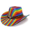 Rainbow striped woven cowboy hat with western bull emblem and sparkling rhinestones - One Size / Colorful