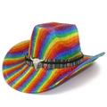 Regenbogen Cowboyhut mit Ethno-Band und silberner Stierkopf-Metallverzierung - Bunt