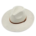 Classic wide brim fedora in light grey faux suede with brown leather band and gold buckle - One Size / Gray