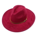 Detail of burgundy wide-brim suede fedora featuring a brown leather band and gold buckle - One Size / Burgundy