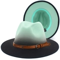 Vista dettagliata del cappello fedora sfumato verde menta con fodera e fibbia in pelle - Verde Menta Gradiente Nero (3#)