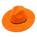 Macro shot of bright orange suede fedora crown with brown leather belt and gold metal buckle - One Size / Orange