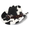 Western cowboy hat with black and white cow print plush texture and bull head ornament - One Size / Black