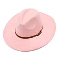 Detail of pink faux suede fedora hat with wide brim and adjustable brown leather band - One Size / Light Pink
