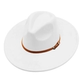 Detail of white wide brim fedora with brown leather band and gold buckle accent - One Size / White