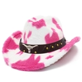 Pink and white cow print western cowboy hat with faux fur and bull head ornament - One Size / Rose Red