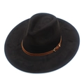 Detail of black wide brim suede fedora with brown leather band and gold metal buckle - One Size / Black