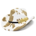 Western cowboy hat with brown cow print plush finish and golden leaf accessory - Khaki