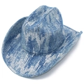 Dettaglio del cappello da cowboy in denim blu con paillettes argentate e tesa larga - Taglia unica / Blu