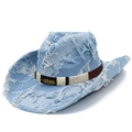 Cappello da cowboy in denim azzurro invecchiato con frange e accessorio foglia dorata - Taglia unica / Azzurro