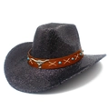 Sparkly black sequin western cowboy hat with brown leather strap and bull head emblem - Black